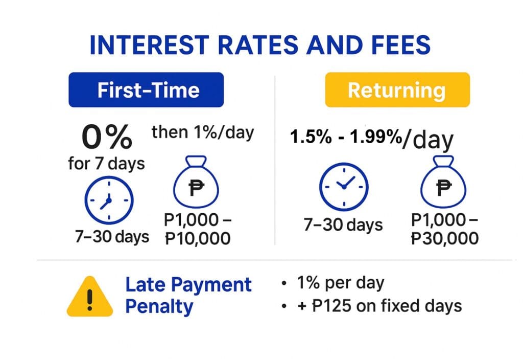 Infographic showing Cash Express loan interest rates, terms, and late payment penalties for first-time and repeat borrowers