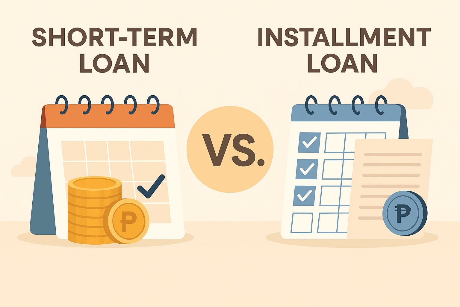 Comparison between short-term loans and installment loans in the Philippines, showing fast lump-sum repayment versus monthly installment options.