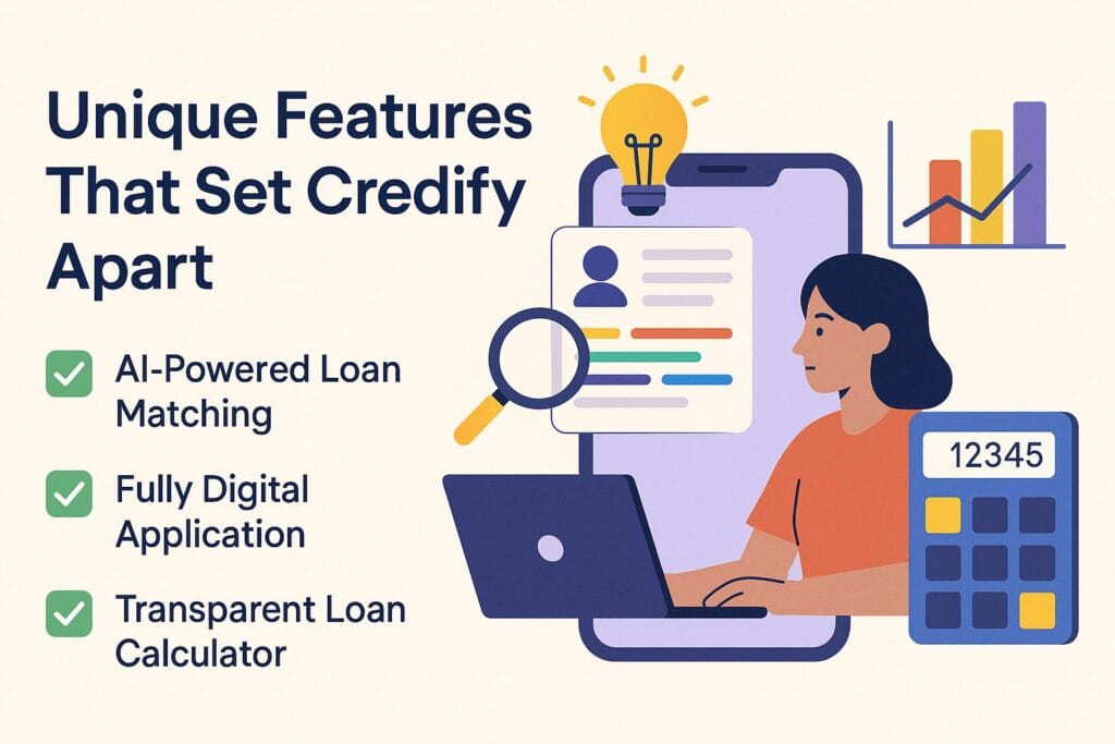 Unique features of Credify loan platform – AI matching, digital application, and transparent loan calculator