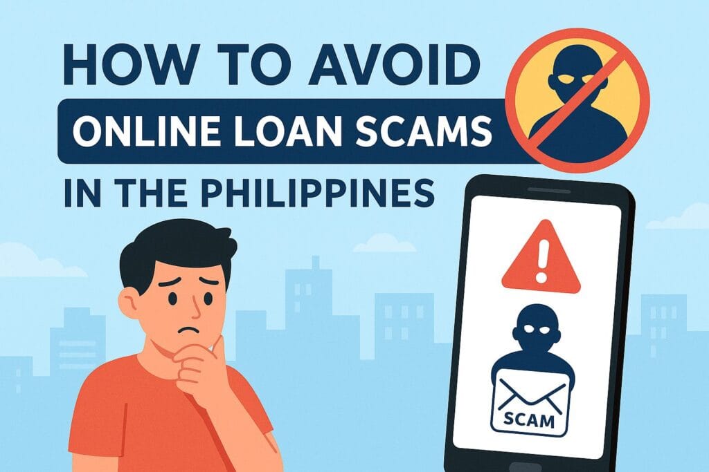A Filipino man looking concerned next to a warning sign and laptop screen displaying online loan scam alert