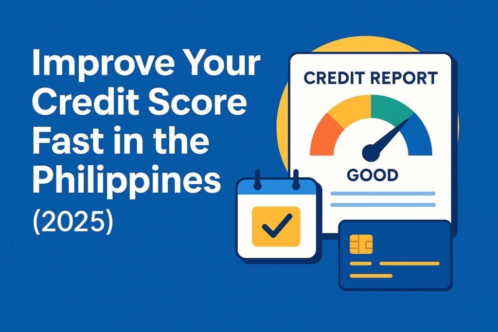 Infographic showing credit score improvement tips for Filipinos in 2025, including on-time payment, low credit usage, and credit report checking