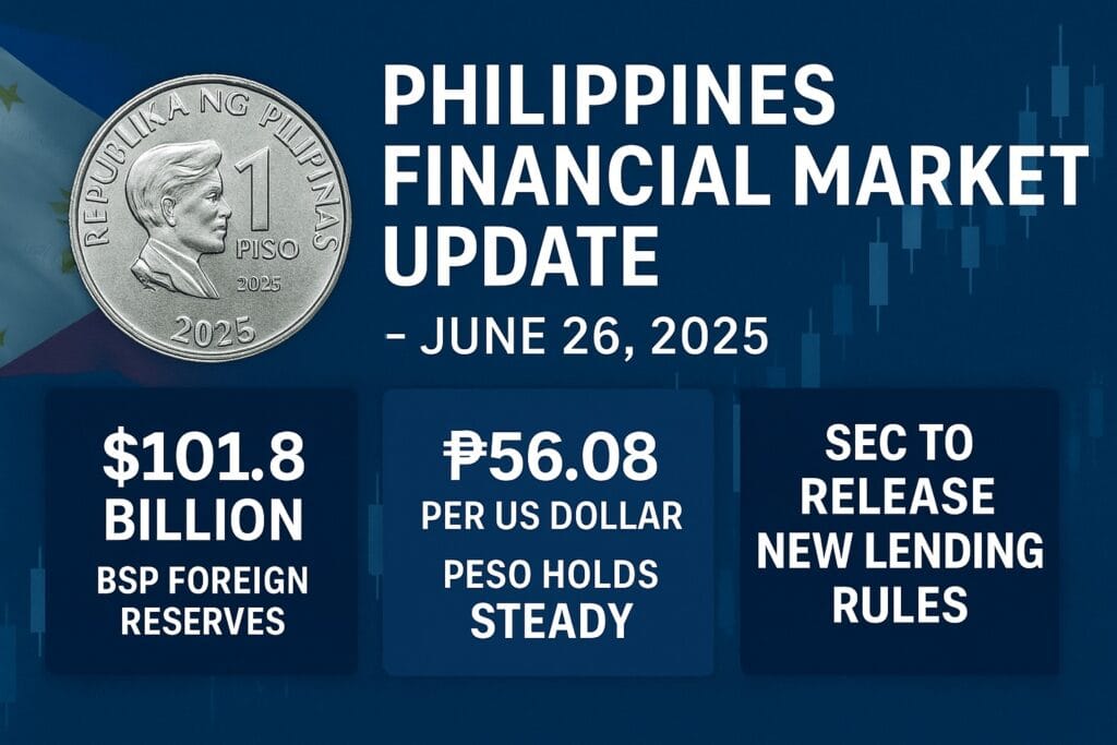 Philippines financial market update for June 26, 2025 showing BSP reserves, peso exchange rate, and upcoming SEC lending rules