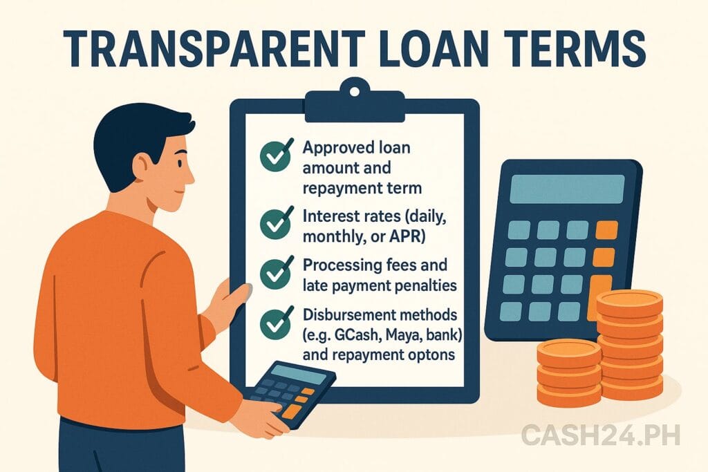 reviewing transparent online loan terms including fees, interest rates, and disbursement methods in the Philippines