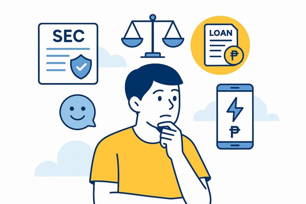 Thoughtful Filipino evaluating online loan options in 2025 with icons of SEC, loan forms, mobile apps