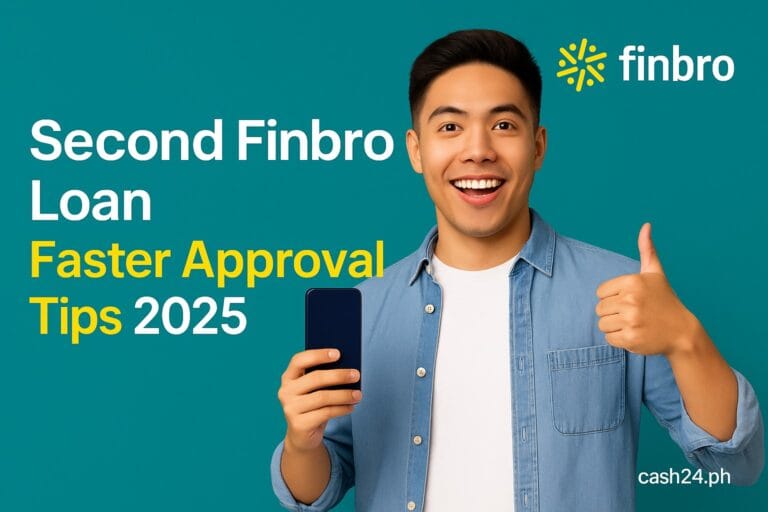 Smiling young Filipino man holding a smartphone and giving a thumbs up, with text 'Second Finbro Loan – Faster Approval Tips 2025