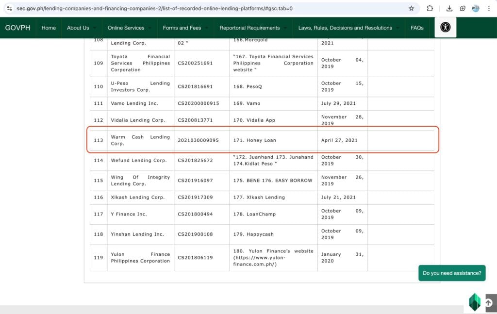 Honey Loan SEC registration record under Warm Cash Lending Corp on the official GOVPH SEC list.