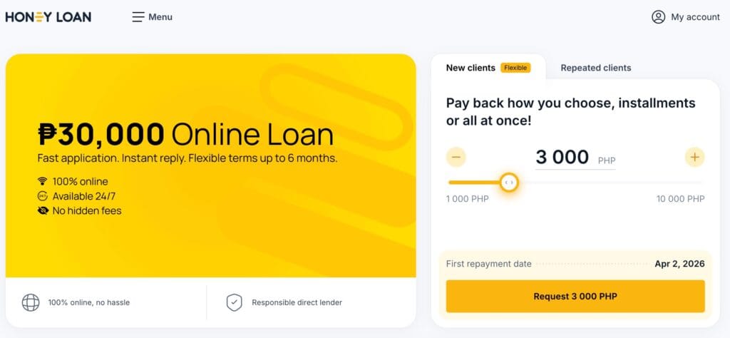 Honey Loan Philippines calculator interface showing PHP 30,000 online loan with 0.5% daily rate for repeating clients