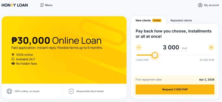 Honey Loan Philippines calculator interface showing PHP 30,000 online loan with 0.5% daily rate for repeating clients