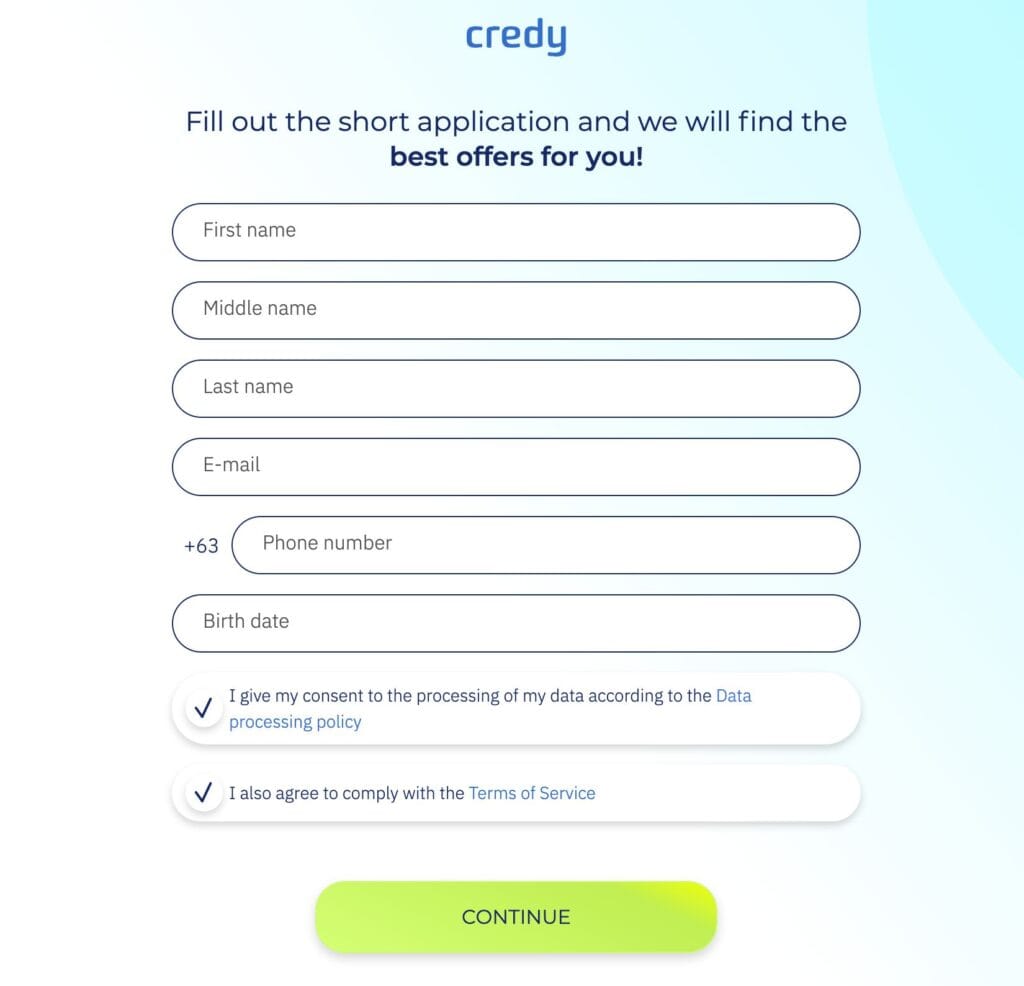Credy PH application form showing how Filipino borrowers can compare loan offers online