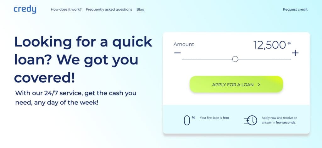 Credy PH loan comparison platform homepage in the Philippines showing online loan amount and 0% first loan offer