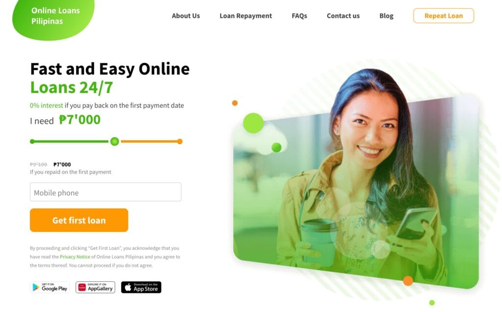 Online Loans Pilipinas homepage showing fast online loan offer in the Philippines with up to ₱7,000 first-loan example