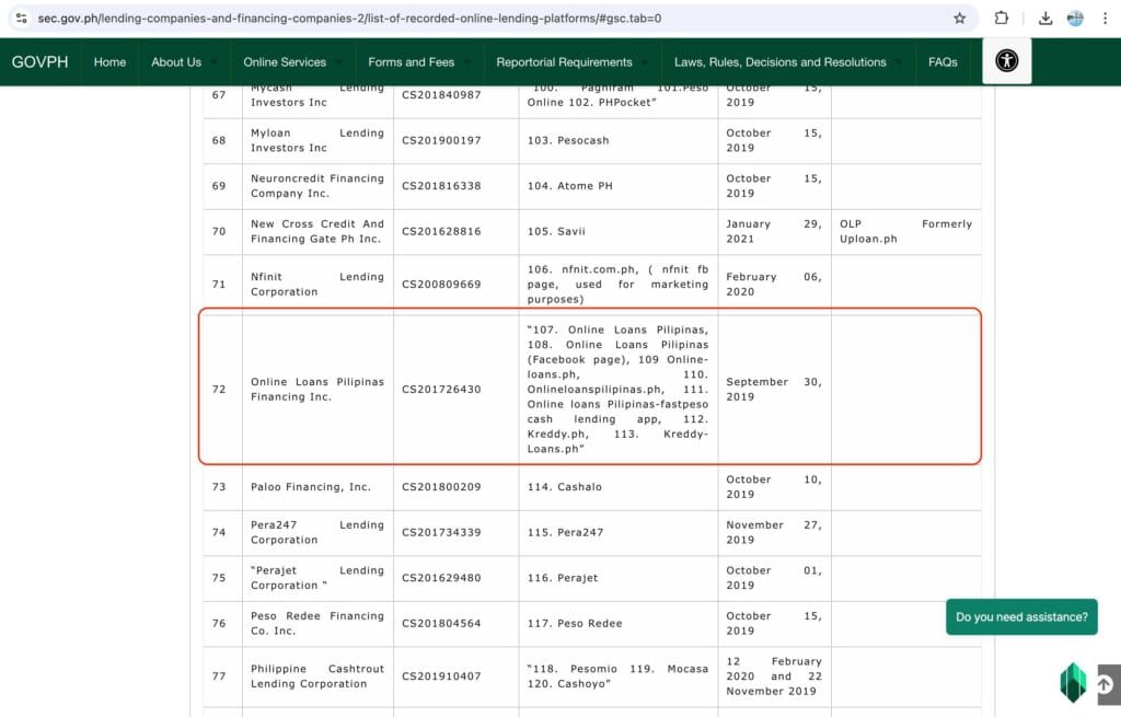 SEC Philippines record showing Online Loans Pilipinas Financing Inc as a recorded online lending platform